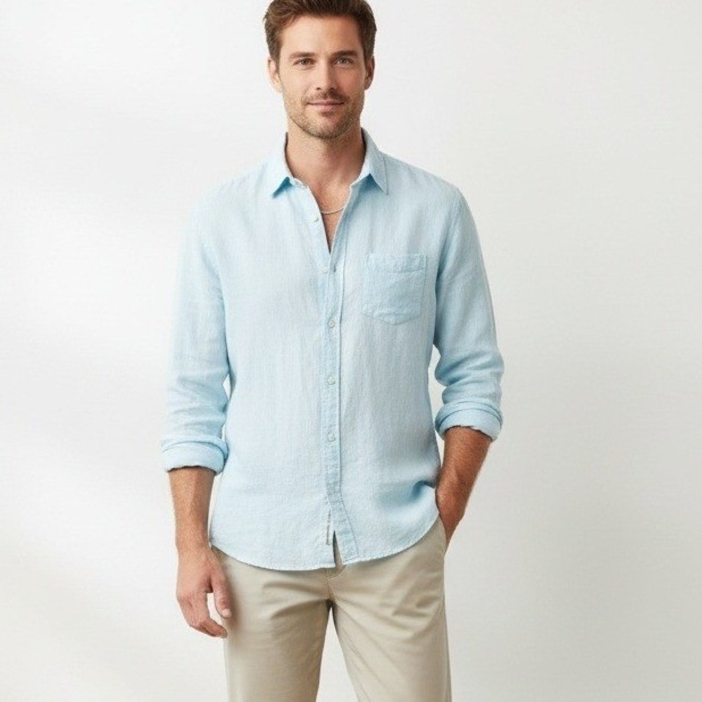 J.A.C.H.S. Linen Button Down Shirt Men's Medium Light Blue Long Sleeve Coastal‎